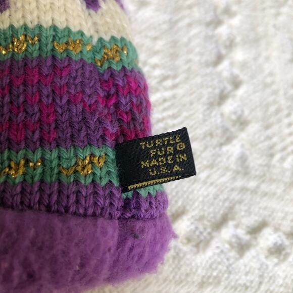 VTG 90s Y2K Turtle Fur Knit Pom Beanie Purple Fair-Isle Wool Blend OS USA Ski - Picture 3 of 10
